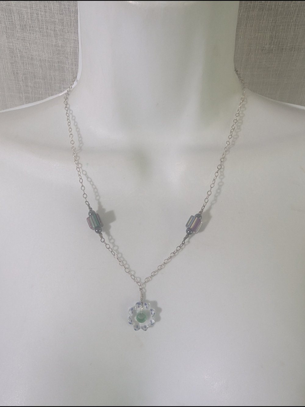 Silver Chain Necklace Italian Glass Iridescent Beads Green Flower Pendant